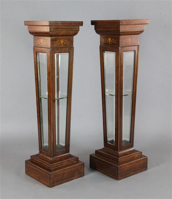 A pair of Edwardian marquetry inlaid rosewood display pedestals, W.1ft D.1ft H.3ft 11in.